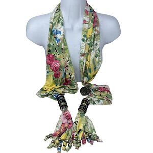 Peter Nygard Scarf Floral Print Beaded Fringed Heart Charm 60 Inch Pink Yellow